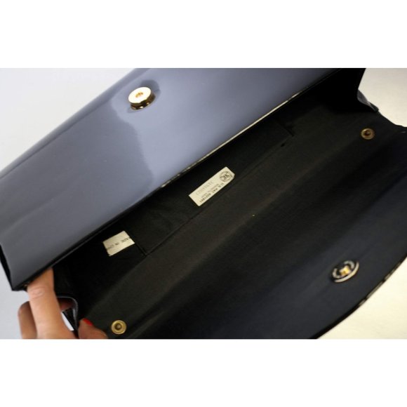 Black Patent Leather Structured Envelope Clutch Bag Vintage 70s Accessory - Picture 5 of 6